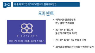 대출 대표기업의 SWOT분석과 한계극복방안2-2
8퍼센트
• 미국 P2P 금융플랫폼
‘렌딩 클럽’ 벤치마킹
• 2014년 11월 창업
(중금리 P2P 업체 최초)
• 2014년 12월 17일 첫 대출 진행
• 회사명 8퍼센트: 중금리를 상징하는 숫자
 