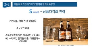 대출 대표기업의 SWOT분석과 한계극복방안2-2
- 상품다각화 전략trength
개인대출: 전체 건 중 약 80%
소상공인 대출
스토리텔링이 있는 재미있는 상품 출시
예) 스타트업 임직원 대출, 타워팰리스
담보대출
 