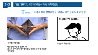대출 대표기업의 SWOT분석과 한계극복방안2-2
- 도덕적 해이 발생가능성, 대출자 개인정보 유출 가능성hreat
채무불이행 위험
렌딩클럽 부실률 평균 6.7%
중국의 경우 사기/채무불이행 급증으로 관련 법규 통한
규제 강화
대출자
개인정보 유출 위험
 