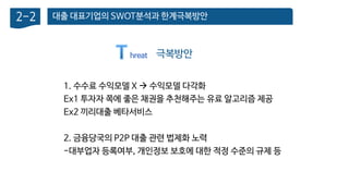 대출 대표기업의 SWOT분석과 한계극복방안2-2
극복방안hreat
1. 수수료 수익모델 X  수익모델 다각화
Ex1 투자자 쪽에 좋은 채권을 추천해주는 유료 알고리즘 제공
Ex2 끼리대출 베타서비스
2. 금융당국의 P2P 대출 관련 법제화 노력
-대부업자 등록여부, 개인정보 보호에 대한 적정 수준의 규제 등
 
