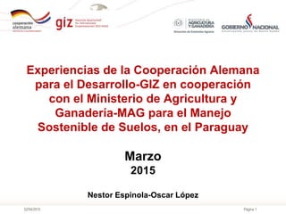 Página 1
Experiencias de la Cooperación Alemana
para el Desarrollo-GIZ en cooperación
con el Ministerio de Agricultura y
Ganadería-MAG para el Manejo
Sostenible de Suelos, en el Paraguay
Marzo
2015
Nestor Espinola-Oscar López
02/04/2015
 