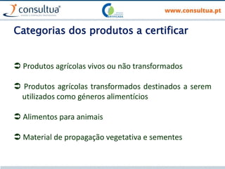 Categorias dos produtos a certificar
 Produtos agrícolas vivos ou não transformados
 Produtos agrícolas transformados destinados a serem
utilizados como géneros alimentícios
 Alimentos para animais
 Material de propagação vegetativa e sementes
 