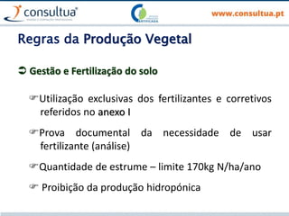 Regras da Produção Vegetal
 Gestão e Fertilização do solo
Utilização exclusivas dos fertilizantes e corretivos
referidos no anexo I
Prova documental da necessidade de usar
fertilizante (análise)
Quantidade de estrume – limite 170kg N/ha/ano
 Proibição da produção hidropónica
 