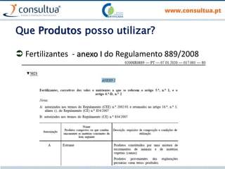 Que Produtos posso utilizar?
 Fertilizantes - anexo I do Regulamento 889/2008
 