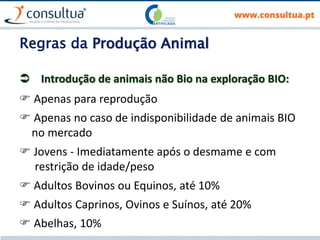 Regras da Produção Animal
 Introdução de animais não Bio na exploração BIO:
 Apenas para reprodução
 Apenas no caso de indisponibilidade de animais BIO
no mercado
 Jovens - Imediatamente após o desmame e com
restrição de idade/peso
 Adultos Bovinos ou Equinos, até 10%
 Adultos Caprinos, Ovinos e Suínos, até 20%
 Abelhas, 10%
 