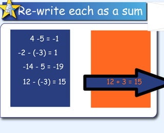 Re-write each as a sum 4 -5 = -1  4 + (- 5) = -1  -2 - (-3) = 1  -2 + 3 = 1 -14 - 5 = -19  -14 + (-5) = -19  12 - (-3) = 15  12 + 3 = 15 