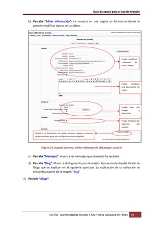 Guía de apoyo para el uso de Moodle


   b) Pestaña “Editar información”: Le muestra en una página un formulario donde le
      permite modificar alguno de sus datos.




                                                                                      Puede modificar
                                                                                      cualquiera    de
                                                                                      estos campos.




                                                                                      Puede    introducir
                                                                                      una descripción de
                                                                                      usted.




                                                                                      Puede subir     una
                                                                                      imagen            y
                                                                                      describirla.


                                                                                      Puede introducir los
                                                                                      intereses        del
                                                                                      usuario.

        Muestra un formulario con estos mismos campos y muchos
        otros que sirven para una configuración más completa.




             Figura 24 Usuario alumno: editar información del propio usuario

   c) Pestaña “Mensajes”: muestra los mensajes que el usuario ha recibido.

   d) Pestaña “Blog”: Muestra el blog escrito por el usuario. Aparecerá dentro del listado de
      Blogs que se explican en el siguiente apartado. La explicación de su utilización se
      encuentra a partir de la imagen “Blog”

2) Pestaña “Blogs”:




                      EUITIO - Universidad de Oviedo | Ana Teresa González de Felipe            49
 