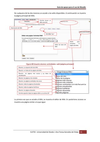 Guía de apoyo para el uso de Moodle


     De cualquiera de las dos maneras se accede a los wikis disponibles. A continuación se muestra
     la página principal del Wiki.

                                                   Permite buscar un
                                                   Wiki concreto



Descripción del Wiki



                                                              PESTAÑA “Ver”




                                                                                                    Botón       para
                                                                                                    actualizar      la
                                                                              Editor de texto del
                                                                                                    página del Wiki
                                                                              Wiki




                          Figura 80 Usuario alumno: actividades- wiki (página principal)
             Muestra un esquema del sitio Wiki

             Muestra un índice de las páginas del Wiki

             Muestra las páginas más nuevas y sus datos de
             actualización
             Muestra las páginas más visitadas

             Muestra las páginas cambiadas más veces

             Muestra todas las páginas actualizadas

             Muestra todas las páginas huérfanas

             Muestra las páginas deseadas

             Permite exportar todas las páginas Wiki a un archivo ZIP



     La primera vez que se accede al Wiki, se muestra el editor de Wiki. En posteriores accesos se
     muestra una página similar a la que sigue:




                                  EUITIO - Universidad de Oviedo | Ana Teresa González de Felipe                         81
 