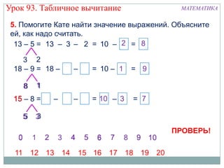 Урок 93. Табличное вычитание                 МАТЕМАТИКА


 5. Помогите Кате найти значение выражений. Объясните
 ей, как надо считать.
  13 – 5 = 13 – 3 – 2 = 10 –      =


 18 – 9 = 18 – 8   –   = 10 –   =



 15 – 8 =   –8     –   =    –    =



                                           ПРОВЕРЬ!
 
