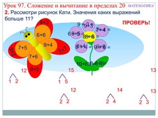Урок 97. Сложение и вычитание в пределах 20          МАТЕМАТИКА
2. Рассмотри рисунок Кати. Значения каких выражений
больше 11?
                            9+3=             ПРОВЕРЬ!
                                   7+ 4 =
                        6+5=
                              8+6=

                              8+4= 9+6=


                              10 + 38=+ 5 =
       12                15                     11             13

 1 2               1 5                    4 1
       11                12                     14             13
 3 1               2 2                    2 4            2 3
 