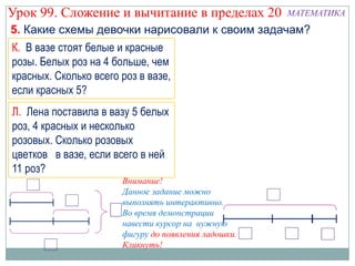 Урок 99. Сложение и вычитание в пределах 20           МАТЕМАТИКА
5. Какие схемы девочки нарисовали к своим задачам?
К. В вазе стоят белые и красные
розы. Белых роз на 4 больше, чем
красных. Сколько всего роз в вазе,
если красных 5?
Л. Лена поставила в вазу 5 белых
роз, 4 красных и несколько
розовых. Сколько розовых
цветков в вазе, если всего в ней
11 роз?
                       Внимание!
                       Данное задание можно
                       выполнять интерактивно.
                       Во время демонстрации
                       навести курсор на нужную
                       фигуру до появления ладошки.
                       Кликнуть!
 
