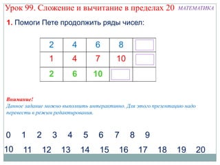 Урок 99. Сложение и вычитание в пределах 20                     МАТЕМАТИКА

1. Помоги Пете продолжить ряды чисел:




Внимание!
Данное задание можно выполнить интерактивно. Для этого презентацию надо
перевести в режим редактирования.
 