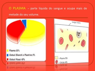 O PLASMA – parte líquida do sangue e ocupa mais de
metade do seu volume.
 