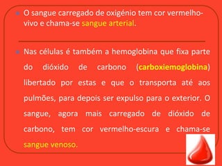  O sangue carregado de oxigénio tem cor vermelho-
vivo e chama-se sangue arterial.
 Nas células é também a hemoglobina que fixa parte
do dióxido de carbono (carboxiemoglobina)
libertado por estas e que o transporta até aos
pulmões, para depois ser expulso para o exterior. O
sangue, agora mais carregado de dióxido de
carbono, tem cor vermelho-escura e chama-se
sangue venoso.
 