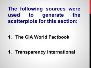 The following sources were
used to generate the
scatterplots for this section:
1. The CIA World Factbook
1. Transparency International
 