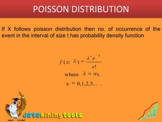 If X follows poisson distribution then no. of occurrence of the event in the interval of size t has probability density fu...