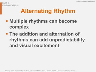 PART 1
FUNDAMENTALS
Gateways to Art: Understanding the Visual Arts, Second Edition, Debra J. DeWitte, Ralph M. Larmann, and M. Kathryn Shields
Chapter 1.9 Pattern and Rhythm
Alternating Rhythm
 Multiple rhythms can become
complex
 The addition and alternation of
rhythms can add unpredictability
and visual excitement
 