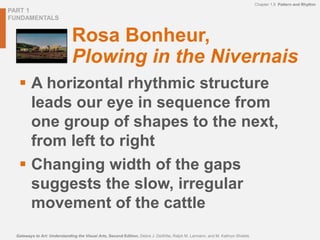 PART 1
FUNDAMENTALS
Chapter 1.9 Pattern and Rhythm
Gateways to Art: Understanding the Visual Arts, Second Edition, Debra J. DeWitte, Ralph M. Larmann, and M. Kathryn Shields
Rosa Bonheur,
Plowing in the Nivernais
 A horizontal rhythmic structure
leads our eye in sequence from
one group of shapes to the next,
from left to right
 Changing width of the gaps
suggests the slow, irregular
movement of the cattle
 