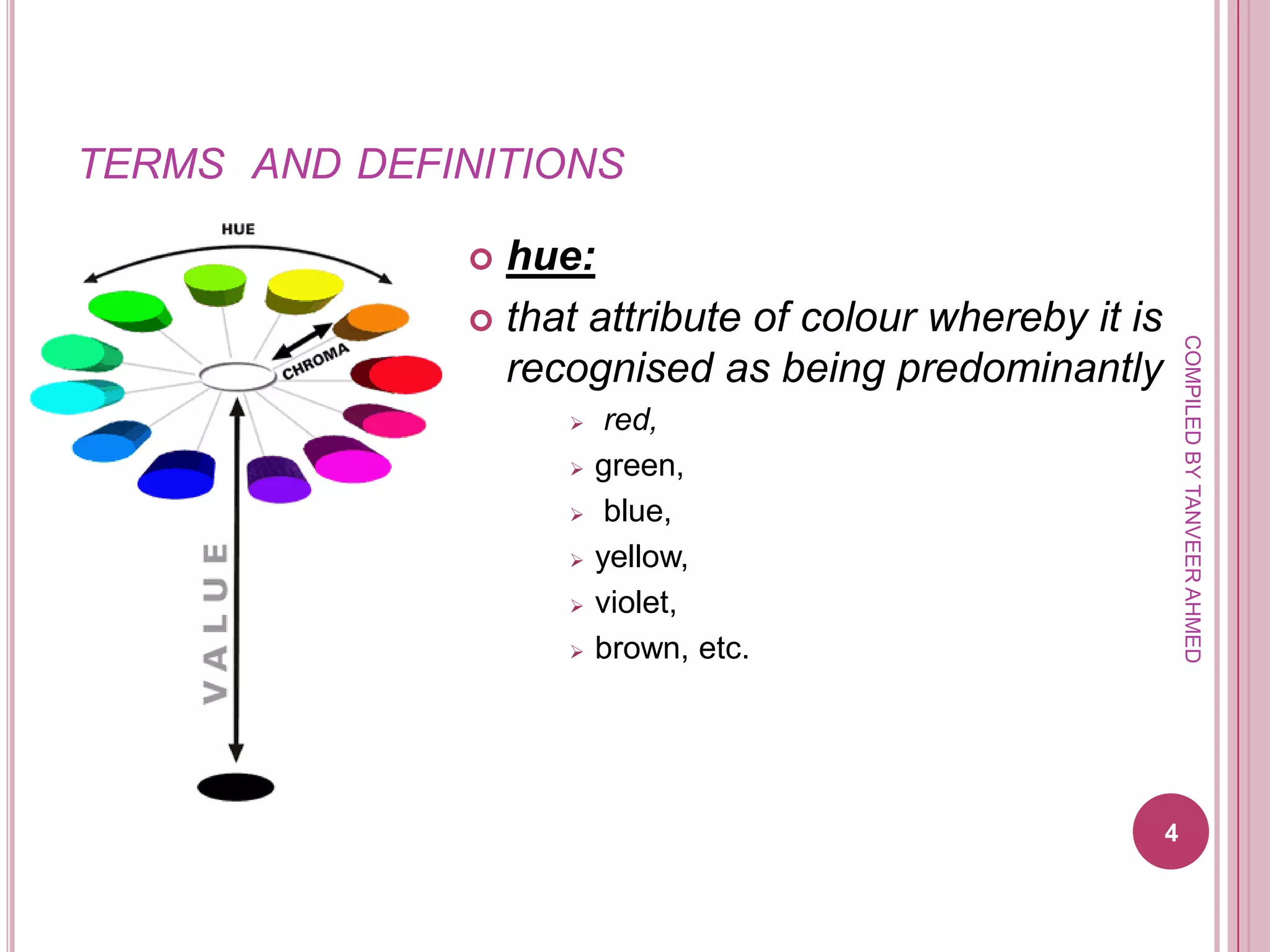 TERMS AND DEFINITIONS

                hue:
                that attribute of colour whereby it is




                                                              COMPILED BY TANVEER AHMED
                 recognised as being predominantly
                        red,
                       green,
                        blue,
                       yellow,
                       violet,
                       brown, etc.




                                                          4
 
