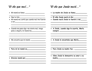 “El día que nací. . . ”
• Mi mamá se llama: ___________________
___________________________________
• Nací el día:_________________________
• Mi mamá me contó que cuando nací me fueron
a ver______________________________
__________________________________
__________________________________
• Cuando me pasa algo: me siento mal, tengo
pena o alegría, mi mamá me______________
____________________________________
____________________________________
____________________________________
• Me encanta que mi mamá...______________
____________________________________
____________________________________
____________________________________
• Para mí mi mamá es__________________
____________________________________
____________________________________
____________________________________
• Gracias mamá por____________________
____________________________________
____________________________________
“El día que Jesús nació. . . ”
• La madre de Jesús se llama;___________
____________________________________
• El niño Jesús nació el día:_____________
• Cuando nació Jesús lo fueron a ver______
____________________________________
____________________________________
____________________________________
• A Jesús, cuando algo le ocurría, María
siempre ___________________________
___________________________________
___________________________________
___________________________________
• A Jesús le encantaba que María________
___________________________________
___________________________________
___________________________________
• Para Jesús su madre fue...____________
___________________________________
___________________________________
• Cómo Jesús le demuestra su amor a su
madre____________________________
___________________________________
___________________________________
 
