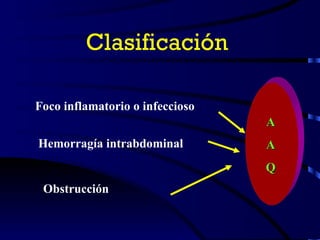 Clasificación   Foco inflamatorio o infeccioso Hemorragía intrabdominal Obstrucción A A Q 