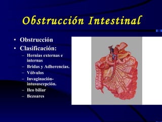 Obstrucción Intestinal Obstrucción  Clasificación: Hernias externas e internas Bridas y Adherencias. Vólvulos Invaginación-intususcepción. Ileo biliar Bezoares 