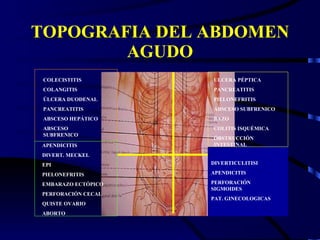 TOPOGRAFIA DEL ABDOMEN AGUDO COLECISTITIS COLANGITIS ÚLCERA DUODENAL PANCREATITIS ABSCESO HEPÁTICO ABSCESO SUBFRENICO APENDICITIS DIVERT. MECKEL EPI PIELONEFRITIS EMBARAZO ECTÓPICO PERFORACIÓN CECAL QUISTE OVARIO ABORTO ULCERA PÉPTICA PANCREATITIS PIELONEFRITIS ABSCESO SUBFRENICO BAZO COLITIS ISQUÉMICA ÓBSTRUCCIÓN INTESTINAL DIVERTICULITISI APENDICITIS PERFORACIÓN SIGMOIDES PAT. GINECOLOGICAS 