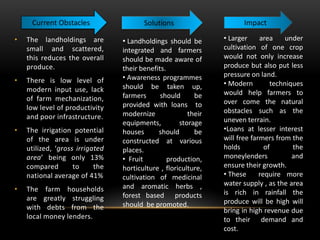 • The landholdings are
small and scattered,
this reduces the overall
produce.
• There is low level of
modern input use, lack
of farm mechanization,
low level of productivity
and poor infrastructure.
• The irrigation potential
of the area is under
utilized, ‘gross irrigated
area’ being only 13%
compared to the
national average of 41%
• The farm households
are greatly struggling
with debts from the
local money lenders.
• Landholdings should be
integrated and farmers
should be made aware of
their benefits.
• Awareness programmes
should be taken up,
farmers should be
provided with loans to
modernize their
equipments, storage
houses should be
constructed at various
places.
• Fruit production,
horticulture , floriculture,
cultivation of medicinal
and aromatic herbs ,
forest based products
should be promoted.
• Larger area under
cultivation of one crop
would not only increase
produce but also put less
pressure on land.
• Modern techniques
would help farmers to
over come the natural
obstacles such as the
uneven terrain.
•Loans at lesser interest
will free farmers from the
holds of the
moneylenders and
ensure their growth.
• These require more
water supply , as the area
is rich in rainfall the
produce will be high will
bring in high revenue due
to their demand and
cost.
Current Obstacles Solutions Impact
 