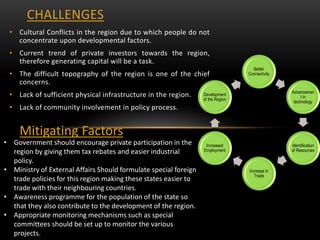 • Cultural Conflicts in the region due to which people do not
concentrate upon developmental factors.
• Current trend of private investors towards the region,
therefore generating capital will be a task.
• The difficult topography of the region is one of the chief
concerns.
• Lack of sufficient physical infrastructure in the region.
• Lack of community involvement in policy process.
CHALLENGES
Mitigating Factors
• Government should encourage private participation in the
region by giving them tax rebates and easier industrial
policy.
• Ministry of External Affairs Should formulate special foreign
trade policies for this region making these states easier to
trade with their neighbouring countries.
• Awareness programme for the population of the state so
that they also contribute to the development of the region.
• Appropriate monitoring mechanisms such as special
committees should be set up to monitor the various
projects.
Better
Connectivity
Advancemen
t in
technology
Identification
of Resources
Increase in
Trade
Increased
Employment
Development
of the Region
 