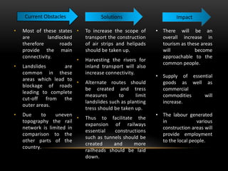 • To increase the scope of
transport the construction
of air strips and helipads
should be taken up.
• Harvesting the rivers for
inland transport will also
increase connectivity.
• Alternate routes should
be created and tress
measures to limit
landslides such as planting
tress should be taken up.
• Thus to facilitate the
expansion of railways
essential constructions
such as tunnels should be
created and more
railheads should be laid
down.
• Most of these states
are landlocked
therefore roads
provide the main
connectivity.
• Landslides are
common in these
areas which lead to
blockage of roads
leading to complete
cut-off from the
outer areas.
• Due to uneven
topography the rail
network is limited in
comparison to the
other parts of the
country.
• There will be an
overall increase in
tourism as these areas
will become
approachable to the
common people.
• Supply of essential
goods as well as
commercial
commodities will
increase.
• The labour generated
in various
construction areas will
provide employment
to the local people.
ImpactSolutionsCurrent Obstacles
 