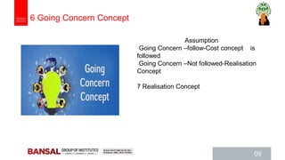 09
Assumption
Going Concern –follow-Cost concept is
followed
Going Concern –Not followed-Realisation
Concept
7 Realisation Concept
6 Going Concern Concept
 