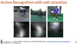 49
Sharma, Shikhar, Ryan Kiros, and Ruslan Salakhutdinov. "Action recognition using visual attention."
ICLRW 2016.
Action Recognition with soft attention
 
