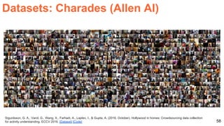 58
Sigurdsson, G. A., Varol, G., Wang, X., Farhadi, A., Laptev, I., & Gupta, A. (2016, October). Hollywood in homes: Crowdsourcing data collection
for activity understanding. ECCV 2016. [Dataset] [Code]
Datasets: Charades (Allen AI)
 