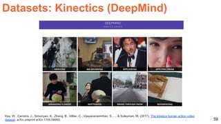 59
Kay, W., Carreira, J., Simonyan, K., Zhang, B., Hillier, C., Vijayanarasimhan, S., ... & Suleyman, M. (2017). The kinetics human action video
dataset. arXiv preprint arXiv:1705.06950.
Datasets: Kinectics (DeepMind)
 