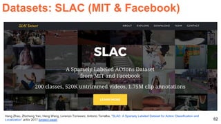 62
Hang Zhao, Zhicheng Yan, Heng Wang, Lorenzo Torresani, Antonio Torralba, “SLAC: A Sparsely Labeled Dataset for Action Classification and
Localization” arXiv 2017 [project page]
Datasets: SLAC (MIT & Facebook)
 