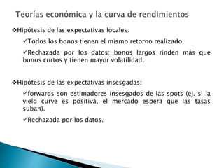 Hipótesis de las expectativas locales:
Todos los bonos tienen el mismo retorno realizado.
Rechazada por los datos: bonos largos rinden más que
bonos cortos y tienen mayor volatilidad.
Hipótesis de las expectativas insesgadas:
forwards son estimadores insesgados de las spots (ej. si la
yield curve es positiva, el mercado espera que las tasas
suban).
Rechazada por los datos.
 