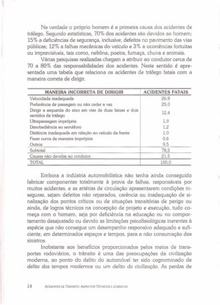 Na verdade o próprio homem é a primeira causa dos acidentes de
tráfego. Segundo estatísticas, 70% dos acidentes são devidos ao homem;
15% a deficiências de segurança, inclusive, defeitos no pavimento das vias
públicas; 12% a falhas mecânicas do veículo e 3% a ocorrências fortuitas
ou imprevisíveis, tais como, neblina, poeira, fumaça, chuva e animais.
Várias pesquisas realizadas chegam a atribuir ao condutor cerca de
70 a 80% das responsabilidades dos acidentes. Neste sentido é apre-
sentada uma tabela que relaciona os acidentes de tráfego fatais com a
maneira correta de dirigir.
MANEIRA iNCORRETA DE DIRIGIR ACIDENTES FATAIS
Velocidade inadequada
Preferência de passagem ou não ceder a vez
Dirigir a esquerda do eixo em vias de duas faixas e dois
sentidos de tráfego
Ultrapassagem imprópria
Desobediência ao semáforo
Distância inadequada em relação ao veículo da frente
Fazer curva de maneira imprópria
Outros
26,9
25,0
12,4
1,9
1,2
1,0
0,6
9,5
Causas não devidas ao condutor 21,5
Subtotal 78,5
TOTAL 100,0
Embora a indústria automobilística não tenha ainda conseguido
fabricar componentes totalmente à prova de falhas, responsáveis por
muitos acidentes, e as artérias de circulação apresentarem condições in-
seguras, sejam defeitos não reparados, carência ou inadequação de si-
nalização dos pontos críticos ou de situações transitórias de perigo ou
ainda, de logros técnicos na concepção de projeto e execução, tudo co-
meça com o homem, seja por deficiência na educação ou no compor-
tamento desajustado ou devido as limitações psicofisiológicas inerentes à
espécie que não consegue um desempenho responsivo adequado e sufi-
ciente, em determinados espaços e tempos, para a não consumação dos
sinistros.
Inobstante aos benefícios proporcionados pelos meios de trans-
portes rodoviários, o trânsito é uma das preocupações da civilização
moderna, ao ponto do delito do automóvel ter sido cognominado de
delito dos tempos modernos ou um delito da civilização. As perdas de
14 ACIDENTES DE TRÂNSITO: ASPECTOS TÉCNICOS E JumDICOS
 