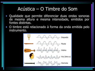 Acústica – O Timbre do Som
• Qualidade que permite diferenciar duas ondas sonoras
de mesma altura e mesma intensidade, emitidos por
fontes distintas.
• O timbre está relacionado à forma da onda emitida pelo
instrumento.
Diapasão
Flauta
Violino
Voz (letra a)
Clarineta
 