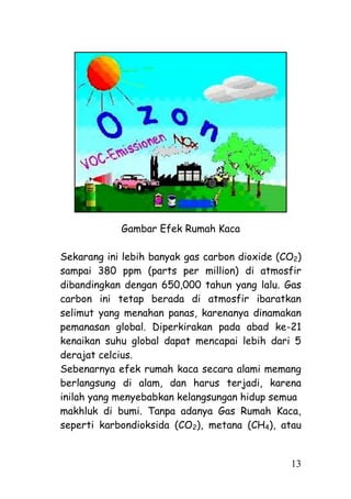 Gambar Efek Rumah Kaca

Sekarang ini lebih banyak gas carbon dioxide (CO2)
sampai 380 ppm (parts per million) di atmosfir
dibandingkan dengan 650,000 tahun yang lalu. Gas
carbon ini tetap berada di atmosfir ibaratkan
selimut yang menahan panas, karenanya dinamakan
pemanasan global. Diperkirakan pada abad ke-21
kenaikan suhu global dapat mencapai lebih dari 5
derajat celcius.
Sebenarnya efek rumah kaca secara alami memang
berlangsung di alam, dan harus terjadi, karena
inilah yang menyebabkan kelangsungan hidup semua
makhluk di bumi. Tanpa adanya Gas Rumah Kaca,
seperti karbondioksida (CO2), metana (CH4), atau


                                               13
 