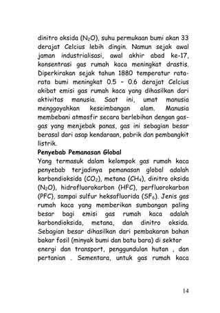 dinitro oksida (N2O), suhu permukaan bumi akan 33
derajat Celcius lebih dingin. Namun sejak awal
jaman industrialisasi, awal akhir abad ke-17,
konsentrasi gas rumah kaca meningkat drastis.
Diperkirakan sejak tahun 1880 temperatur rata-
rata bumi meningkat 0.5 – 0.6 derajat Celcius
akibat emisi gas rumah kaca yang dihasilkan dari
aktivitas manusia. Saat ini, umat manusia
menggoyahkan      keseimbangan     alam.    Manusia
membebani atmosfir secara berlebihan dengan gas-
gas yang menjebak panas, gas ini sebagian besar
berasal dari asap kendaraan, pabrik dan pembangkit
listrik.
Penyebab Pemanasan Global
Yang termasuk dalam kelompok gas rumah kaca
penyebab terjadinya pemanasan global adalah
karbondioksida (CO2), metana (CH4), dinitro oksida
(N2O), hidrofluorokarbon (HFC), perfluorokarbon
(PFC), sampai sulfur heksafluorida (SF6). Jenis gas
rumah kaca yang memberikan sumbangan paling
besar bagi emisi gas rumah kaca adalah
karbondioksida, metana, dan dinitro oksida.
Sebagian besar dihasilkan dari pembakaran bahan
bakar fosil (minyak bumi dan batu bara) di sektor
energi dan transport, penggundulan hutan , dan
pertanian . Sementara, untuk gas rumah kaca




                                                14
 