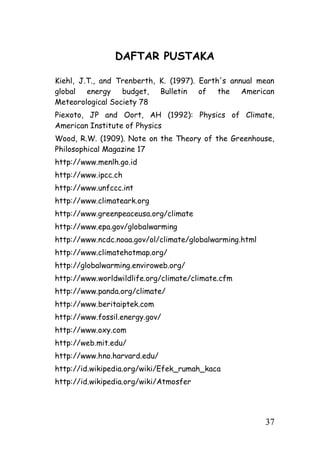 DAFTAR PUSTAKA

Kiehl, J.T., and Trenberth, K. (1997). Earth's annual mean
global energy budget, Bulletin of the American
Meteorological Society 78
Piexoto, JP and Oort, AH (1992): Physics of Climate,
American Institute of Physics
Wood, R.W. (1909). Note on the Theory of the Greenhouse,
Philosophical Magazine 17
http://www.menlh.go.id
http://www.ipcc.ch
http://www.unfccc.int
http://www.climateark.org
http://www.greenpeaceusa.org/climate
http://www.epa.gov/globalwarming
http://www.ncdc.noaa.gov/ol/climate/globalwarming.html
http://www.climatehotmap.org/
http://globalwarming.enviroweb.org/
http://www.worldwildlife.org/climate/climate.cfm
http://www.panda.org/climate/
http://www.beritaiptek.com
http://www.fossil.energy.gov/
http://www.oxy.com
http://web.mit.edu/
http://www.hno.harvard.edu/
http://id.wikipedia.org/wiki/Efek_rumah_kaca
http://id.wikipedia.org/wiki/Atmosfer




                                                         37
 