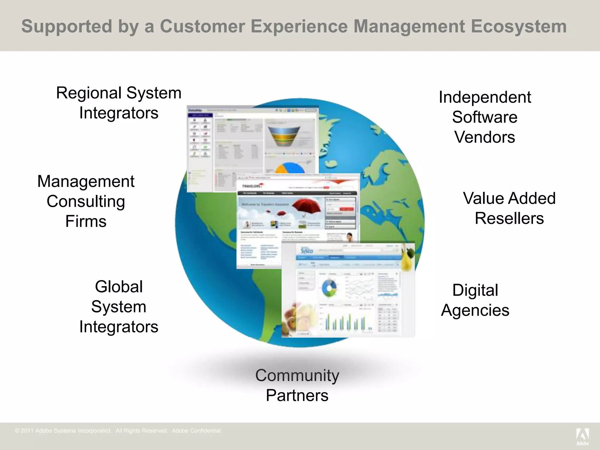 Supported by a Customer Experience Management Ecosystem


              Regional System                                                             Independent
                Integrators                                                                 Software
                                                                                            Vendors

        Management
         Consulting                                                                         Value Added
           Firms                                                                             Resellers



                         Global                                                            Digital
                         System                                                           Agencies
                       Integrators

                                                                              Community
                                                                               Partners
© 2011 Adobe Systems Incorporated. All Rights Reserved. Adobe Confidential.
 