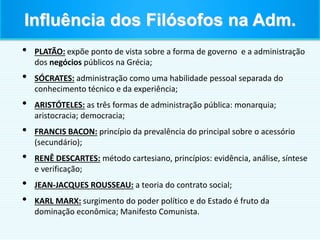 • PLATÃO: expõe ponto de vista sobre a forma de governo e a administração
dos negócios públicos na Grécia;
• SÓCRATES: administração como uma habilidade pessoal separada do
conhecimento técnico e da experiência;
• ARISTÓTELES: as três formas de administração pública: monarquia;
aristocracia; democracia;
• FRANCIS BACON: princípio da prevalência do principal sobre o acessório
(secundário);
• RENÊ DESCARTES: método cartesiano, princípios: evidência, análise, síntese
e verificação;
• JEAN-JACQUES ROUSSEAU: a teoria do contrato social;
• KARL MARX: surgimento do poder político e do Estado é fruto da
dominação econômica; Manifesto Comunista.
Influência dos Filósofos na Adm.
 