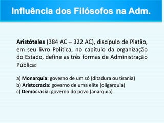 Aristóteles (384 AC – 322 AC), discípulo de Platão,
em seu livro Política, no capítulo da organização
do Estado, define as três formas de Administração
Pública:
a) Monarquia: governo de um só (ditadura ou tirania)
b) Aristocracia: governo de uma elite (oligarquia)
c) Democracia: governo do povo (anarquia)
Influência dos Filósofos na Adm.
 