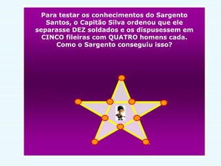 Para testar os conhecimentos do Sargento
Santos, o Capitão Silva ordenou que ele
separasse DEZ soldados e os dispusessem em
CINCO fileiras com QUATRO homens cada.
Como o Sargento conseguiu isso?
 