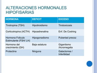 ALTERACIONES HORMONALES HIPOFISARIAS HORMONA DEFICIT EXCESO Tirotropina (TSH)  Hipotiroidismo Tirotoxicosis Corticotropina (ACTH) Hipoadrenalina Enf. De Coshing Hormona Foliculo Estimulante (FSH/ LH) Hipogonadismo Pubertad precoz Hormona del crecimiento (GH) Baja estatura Gigantismo /Acromegalia Prolactina Ninguna Galactorrea / Infertilidad 