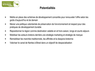 Potentialités Mettre en place des schémas de développement concertés pour renouveler l’offre selon les goûts d’aujourd’hui et de demain Mener une politique volontariste de préservation de l’environnement et respect pour des pratiques de développement durable Repositionner la région comme destination valable en et hors saison, longs et courts séjours Mobiliser les acteurs bretons derrière une stratégie marketing et stratégie de marque Remobiliser les marchés traditionnels, les affinités et la diaspora bretonne Valoriser le canal de Nantes à Brest dans un objectif de despacialisation 
