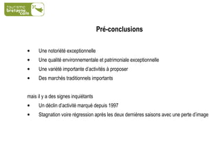 Pré-conclusions Une notoriété exceptionnelle  Une qualité environnementale et patrimoniale exceptionnelle  Une variété importante d’activités à proposer Des marchés traditionnels importants  mais il y a des signes inquiétants  Un déclin d’activité marqué depuis 1997 Stagnation voire régression après les deux dernières saisons avec une perte d’image 