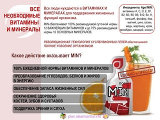 Какое действие оказывает  MIN ?  ОБЕСПЕЧЕНИЕ ЗАПАСА ЖИЗНЕННЫХ СИЛ ПРЕОБРАЗОВАНИЕ УГЛЕВОДОВ, БЕЛКОВ И ЖИРОВ  В ЭНЕРГИЮ СОХРАНЕНИЕ ЗДОРОВЬЯ  КОСТЕЙ, ЗУБОВ И СУСТАВОВ ПОДДЕРЖКА ЗРЕНИЯ И СЛУХА 100% ЕЖЕДНЕВНОЙ НОРМЫ ВИТАМИНОВ И МИНЕРАЛОВ Ингредиенты Agel MIN:  витамины A, C, D, E, B1,  B2, B3, B5, B6, B12, Bc, H, кальций, фосфор, йод, магний, цинк, селен,  медь, марганец, хром, молибден, ванадий, инозит Все люди нуждаются в ВИТАМИНАХ И МИНЕРАЛАХ для поддержания жизненных функций организма.   MIN обеспечивает 100% рекомендуемой суточной нормы 12 ВАЖНЕЙШИХ ВИТАМИНОВ и до 75% рекомендуемой нормы 10 ОСНОВНЫХ МИНЕРАЛОВ. РЕВОЛЮЦИОННАЯ ТЕХНОЛОГИЯ СУСПЕНЗИОННЫХ ГЕЛЕЙ обеспечивает ПОЛНОЕ УСВОЕНИЕ ОРГАНИЗМОМ. ВСЕ  НЕОБХОДИМЫЕ  ВИТАМИНЫ  И МИНЕРАЛЫ УДОБНО и ПРОСТО! joker.ateamcentral.info 