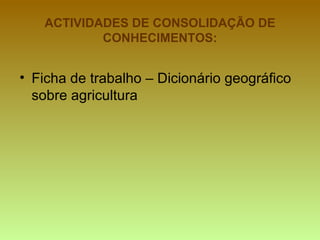 ACTIVIDADES DE CONSOLIDAÇÃO DE
CONHECIMENTOS:
• Ficha de trabalho – Dicionário geográfico
sobre agricultura
 